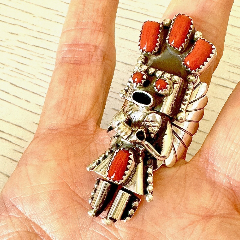 Navajo Kachina Eagle Dancer Ring Sz 8 Doris Smallcanyon Sterling Red‎ Coral